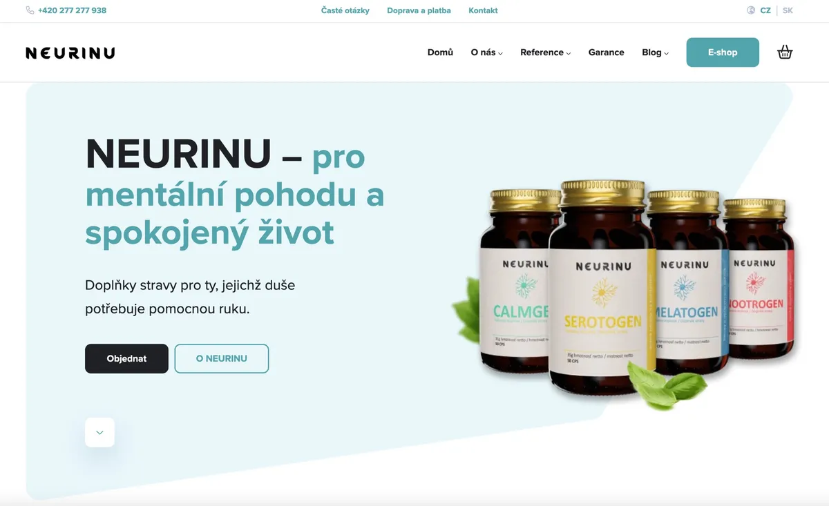Web e-shopu Neurinu s nabídkou doplňků na nervovou soustavu