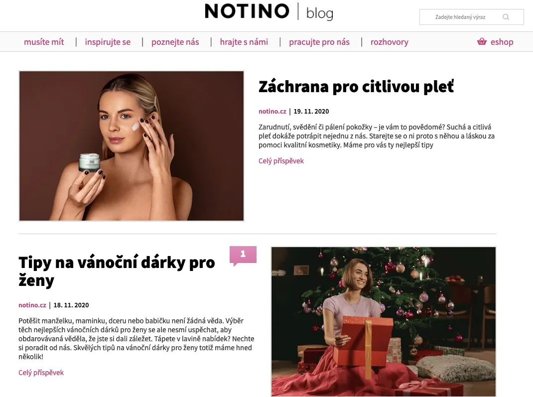 Úvodní strana e-shopu Notino s nabídkou parfémů a kosmetiky