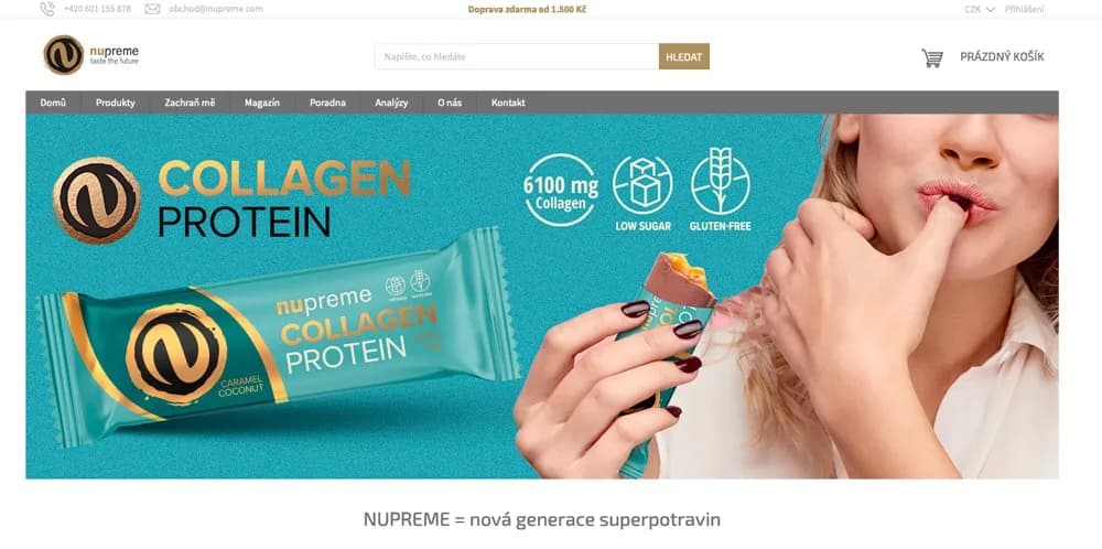 Produkty Nupreme připravené k testu: oleje, tyčinka a superpotraviny