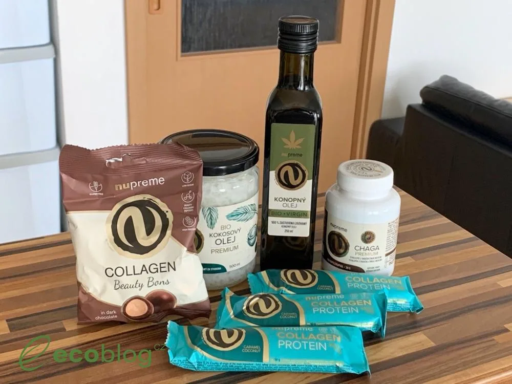 Produkty e-shopu Nupreme z mého testu: oleje, tyčinka a superpotraviny
