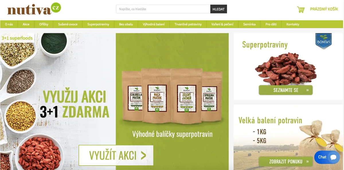 Úvodní strana e-shopu Nutiva s akčním zbožím a kategoriemi zdravých potravin