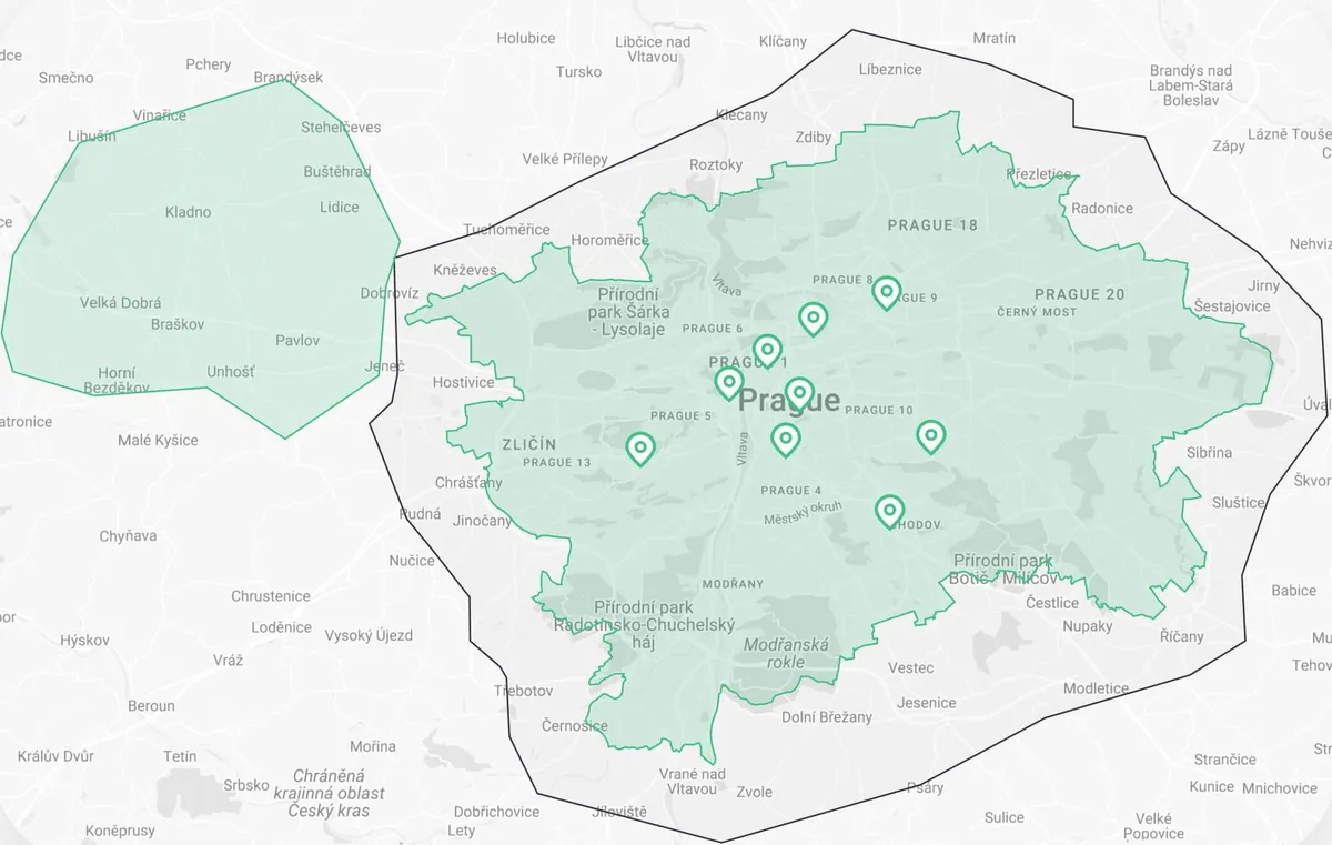 Mapa rozvozu krabičkové diety NutritionPro po Praze a okolí