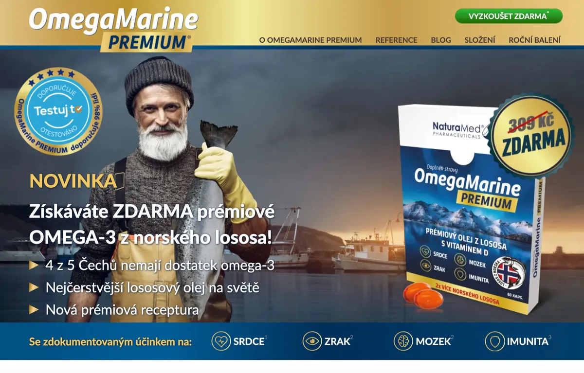 Balení doplňku stravy OmegaMarine PREMIUM s omega-3 z lososového oleje