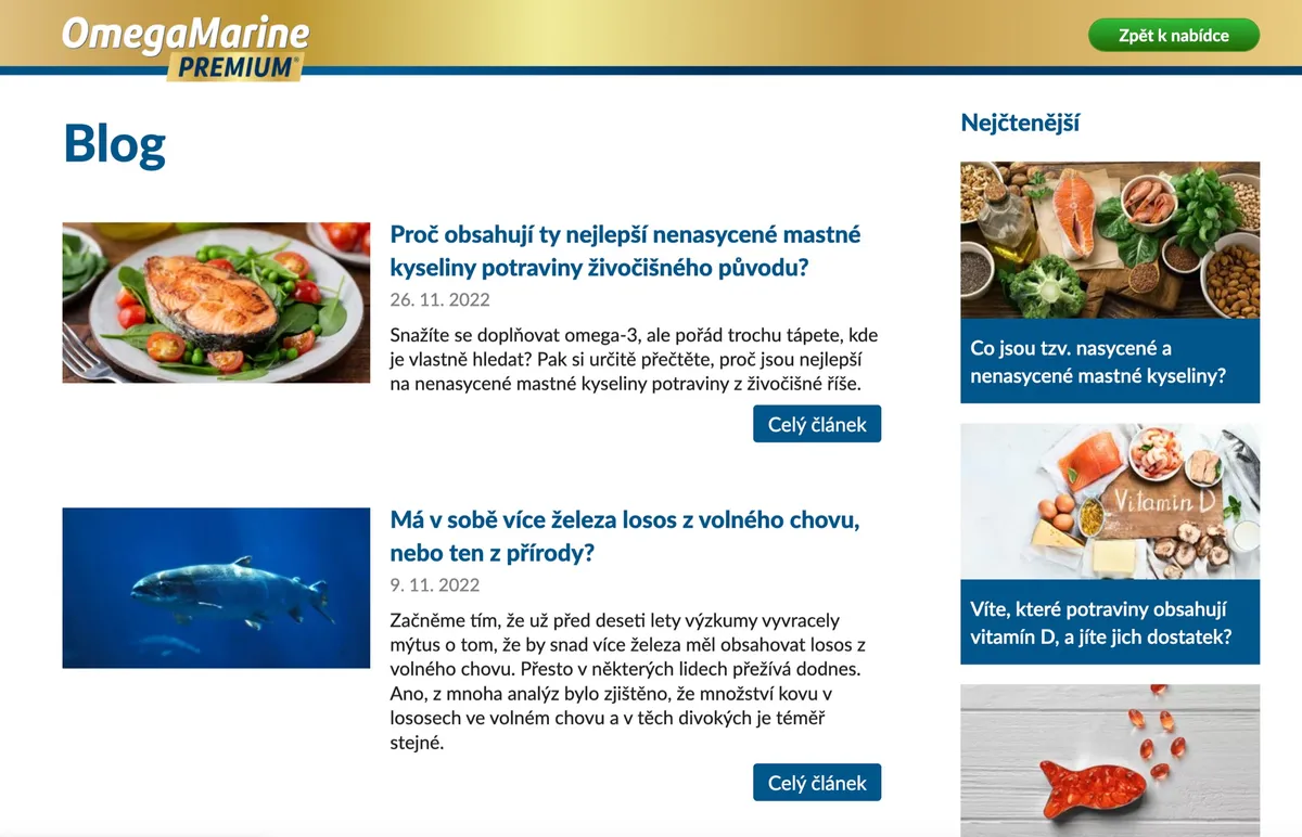 Úvodní stránka e-shopu OmegaMarine s omega-3 doplňkem stravy