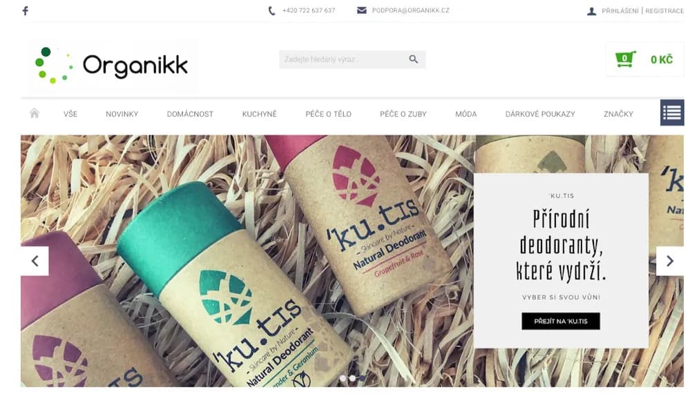 Hlavní strana eko e-shopu Organikk s přehledem kategorií