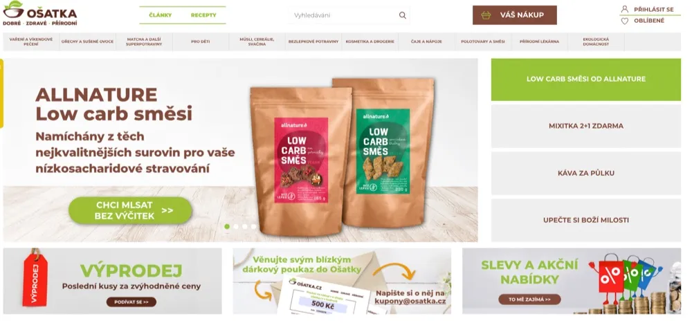Hlavní strana e-shopu Ošatka s přehledným menu a kategoriemi produktů