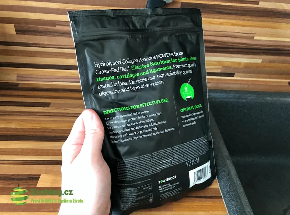 Powerlogy Collagen Protein, otevřená dóza s práškem a odměrkou