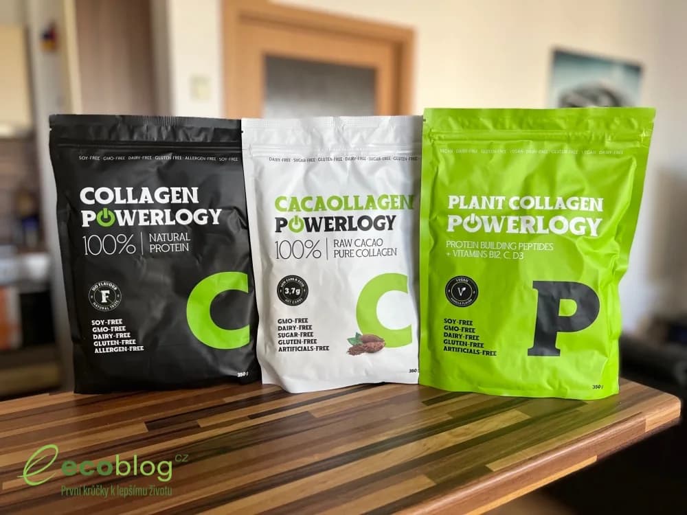 Tři balení Powerlogy kolagenu v 350g dóze, hydrolyzovaný, veganský a kakaový