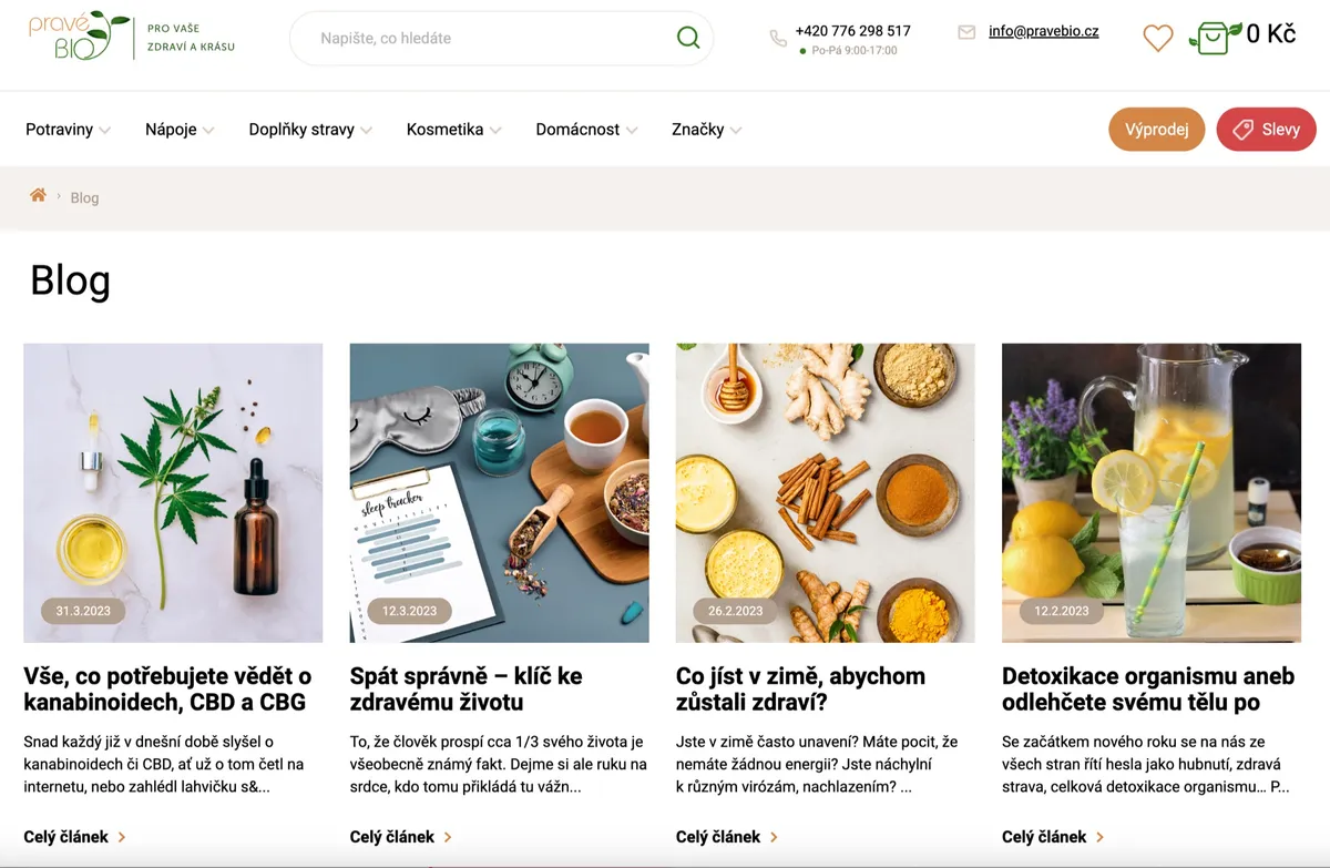 Homepage e-shopu Pravé BIO s přehledem kategorií