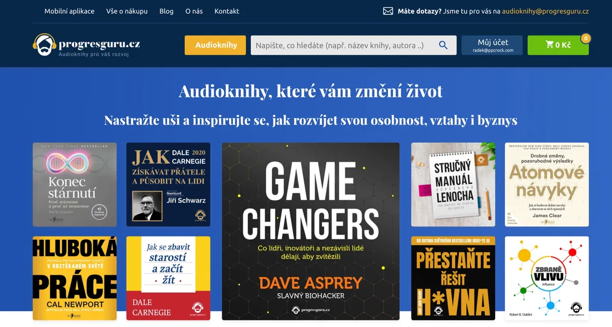 Úvodní stránka e-shopu ProgresGuru s nabídkou audioknih