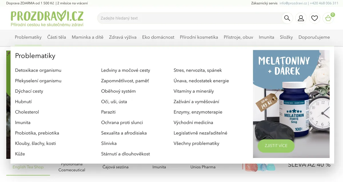 Přehledné rozhraní e-shopu Prozdravi.cz s filtrováním podle potíže