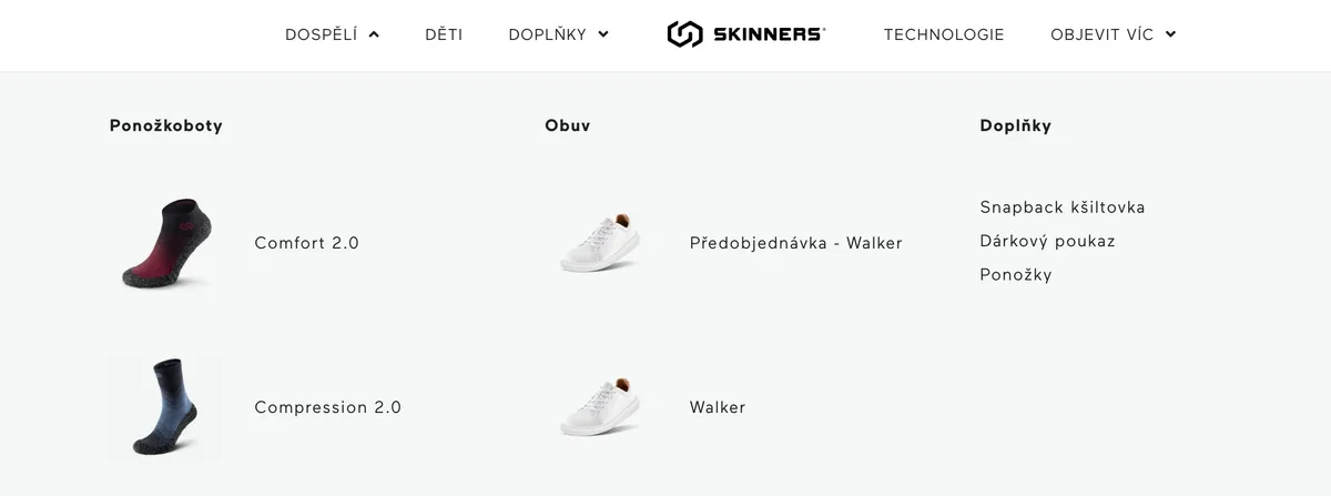Nabídka ponožkobot Skinners na hlavní straně e-shopu