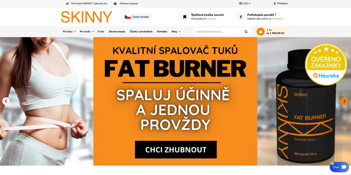 Hlavní strana e-shopu Skinny s bannerem Fat Burner a heslem Spaluj účinně
