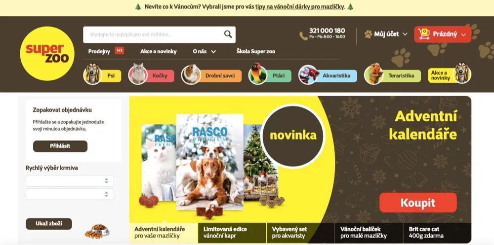 Úvodní stránka e-shopu Super zoo s nabídkou chovatelských potřeb
