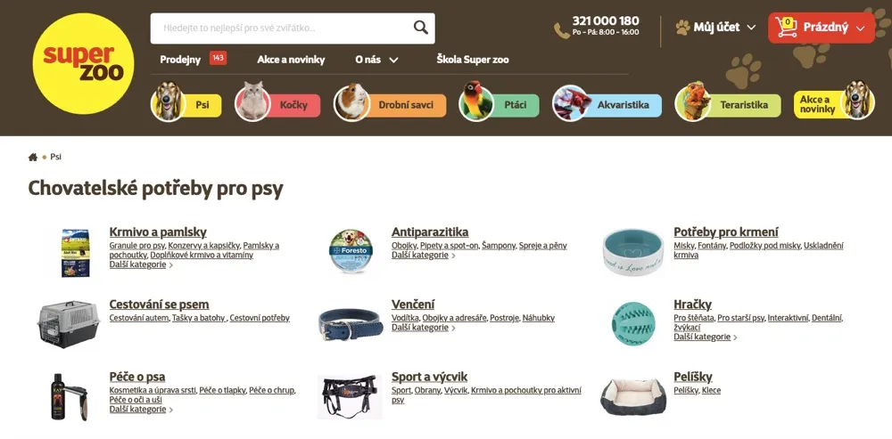 Domovská stránka e-shopu Super zoo s nabídkou pro psy a kočky