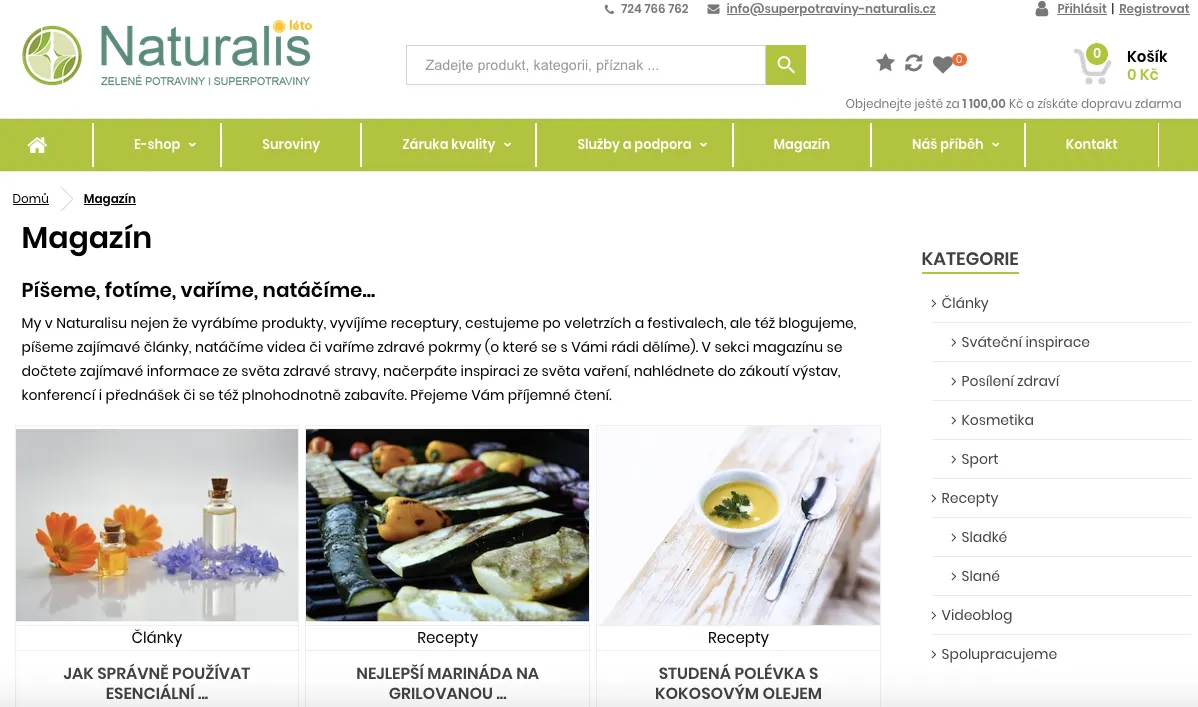 Úvodní strana e-shopu Naturalis se superpotravinami a informacemi o surovinách