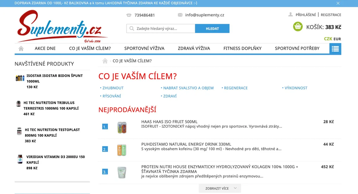 Hlavní strana e-shopu Suplementy.cz s nabídkou doplňků stravy