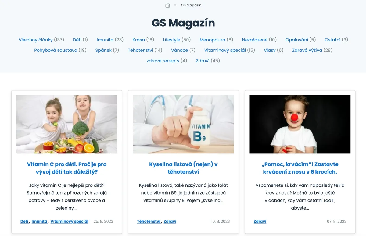 Úvodní strana e-shopu GS Klub s přehledným menu a kategoriemi