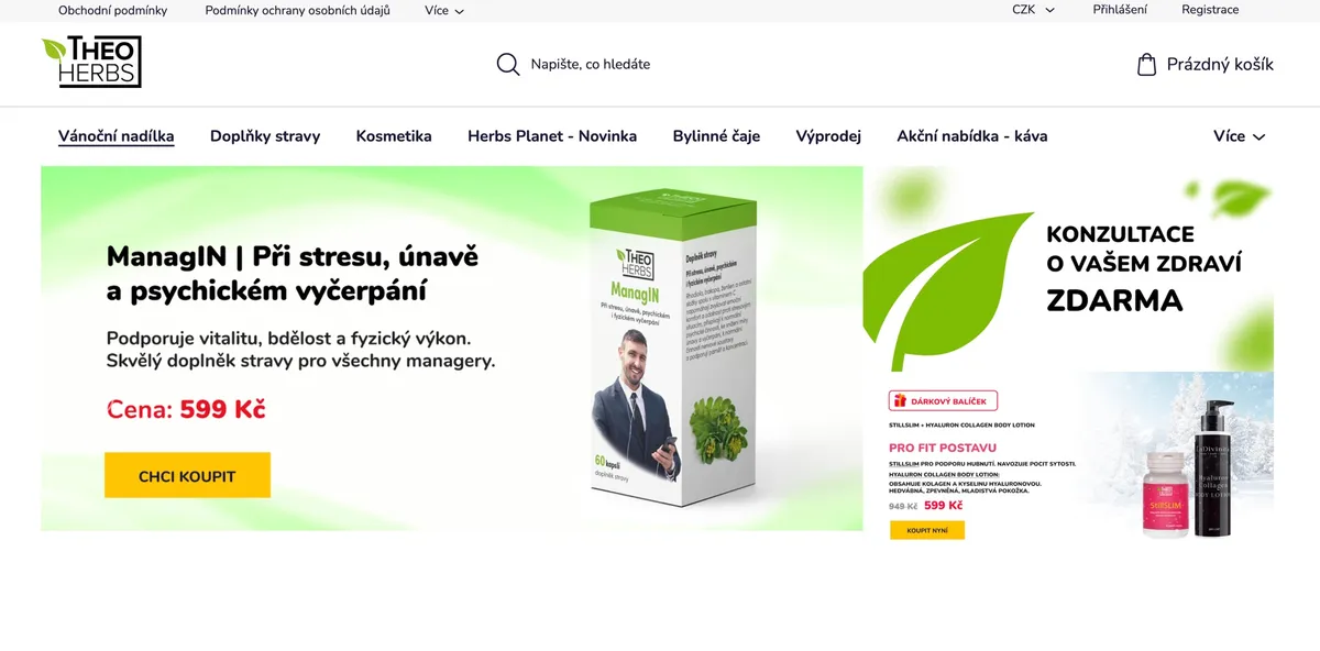 E-shop Theo Herbs s nabídkou doplňků stravy, kosmetiky a bylinných čajů