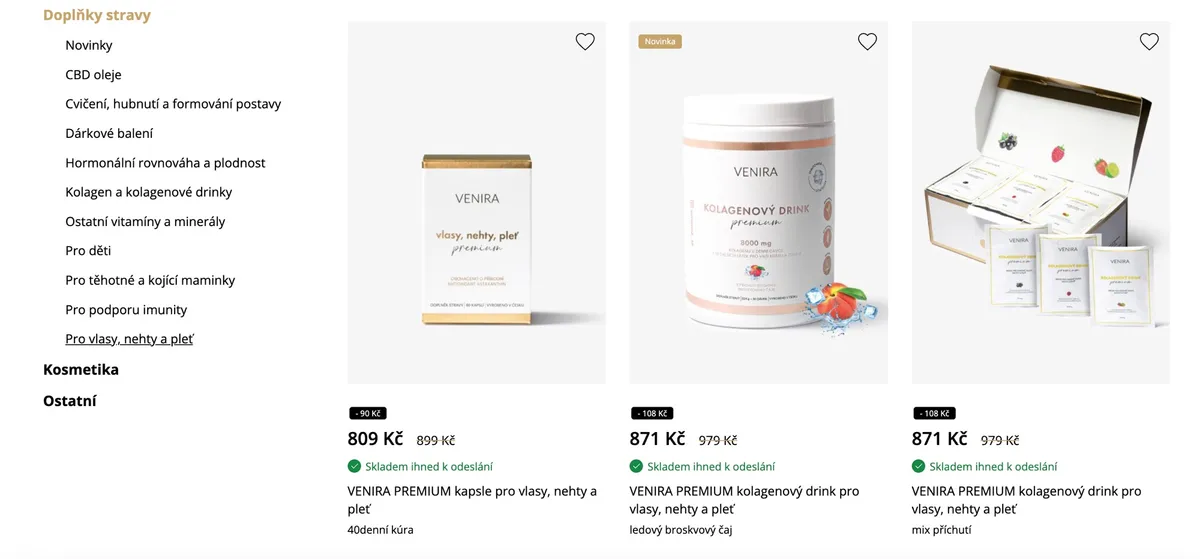 Detail sáčku kolagenového drinku Venira se složením na zadní straně