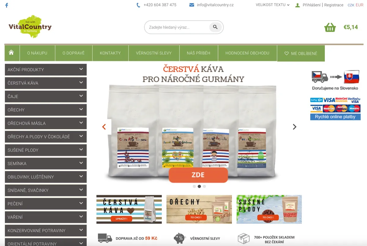 Produkty z e-shopu Vital Country: čerstvá káva, kešu ořechy a lyofilizované banány