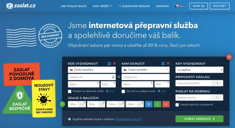 Úvodní obrazovka internetové přepravní služby Zaslat.cz pro odeslání balíku