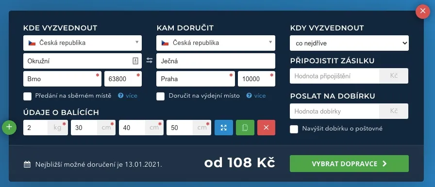 Vyplnění formuláře s rozměry a trasou balíku na Zaslat.cz