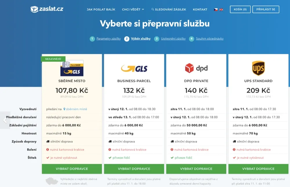 Srovnání přepravců a jejich cen na Zaslat.cz