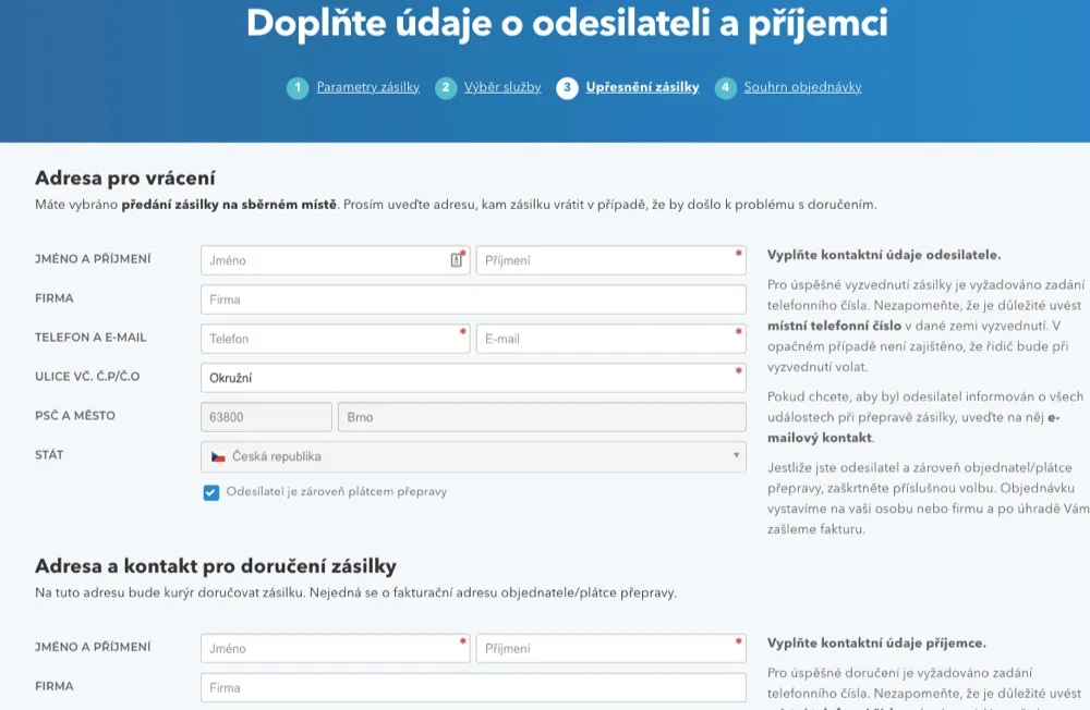 Vyplnění údajů o odesílateli a příjemci a tisk štítku na Zaslat.cz