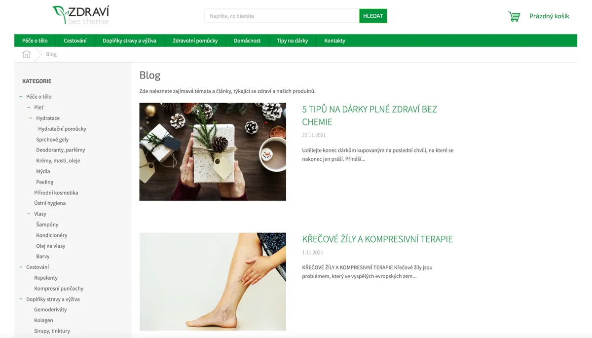 Hlavní strana e-shopu Zdraví bez chemie s přehledem přírodních produktů