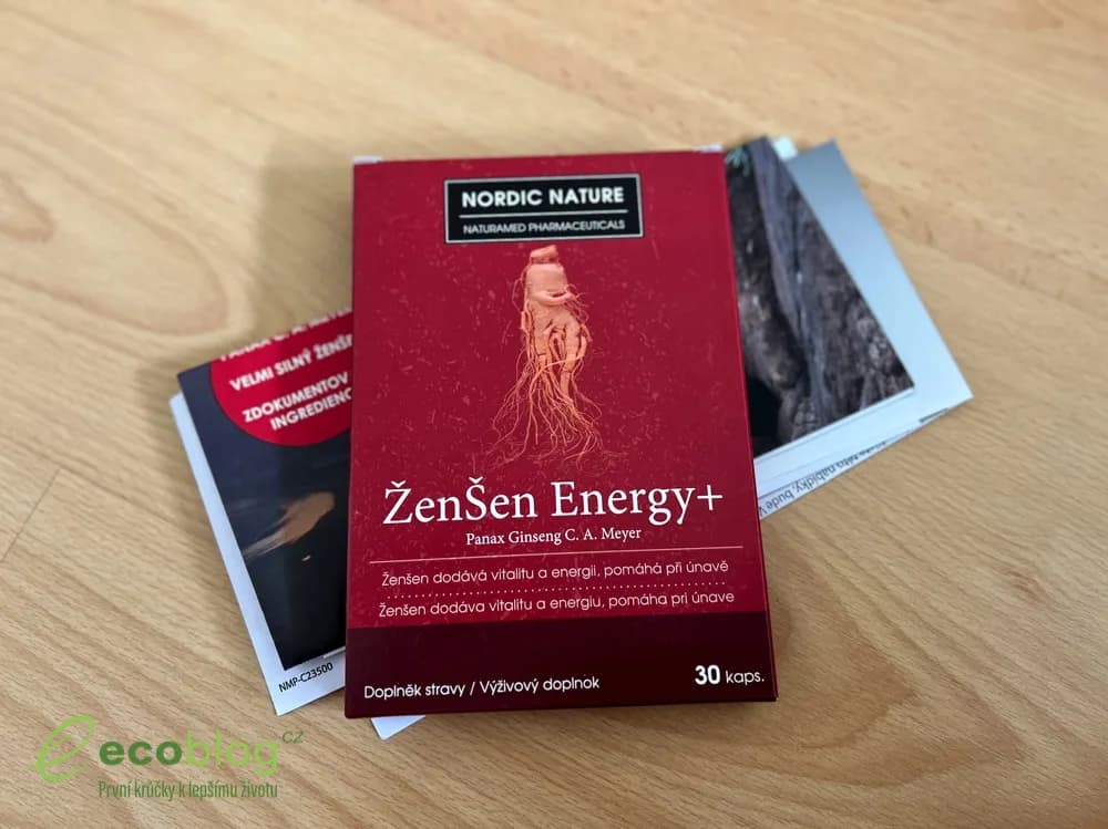 Obsah balení Ženšen Energy+, blistr s tabletami a průvodní materiály