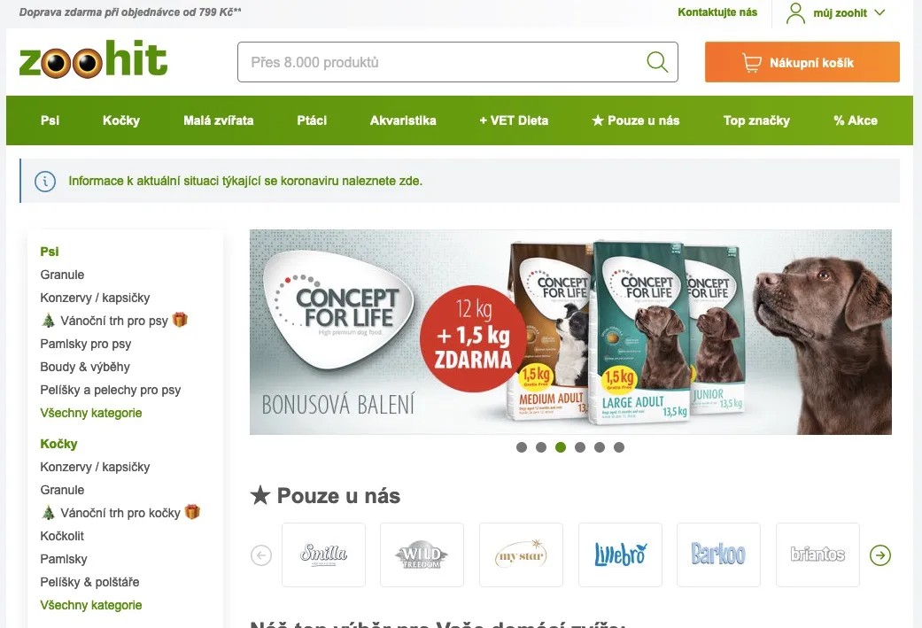 Hlavní strana e-shopu Zoohit s nabídkou pro psy a kočky