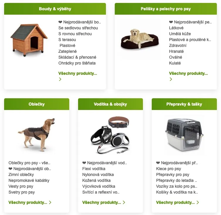 Sekce pro psy na e-shopu Zoohit s granulemi a pamlsky