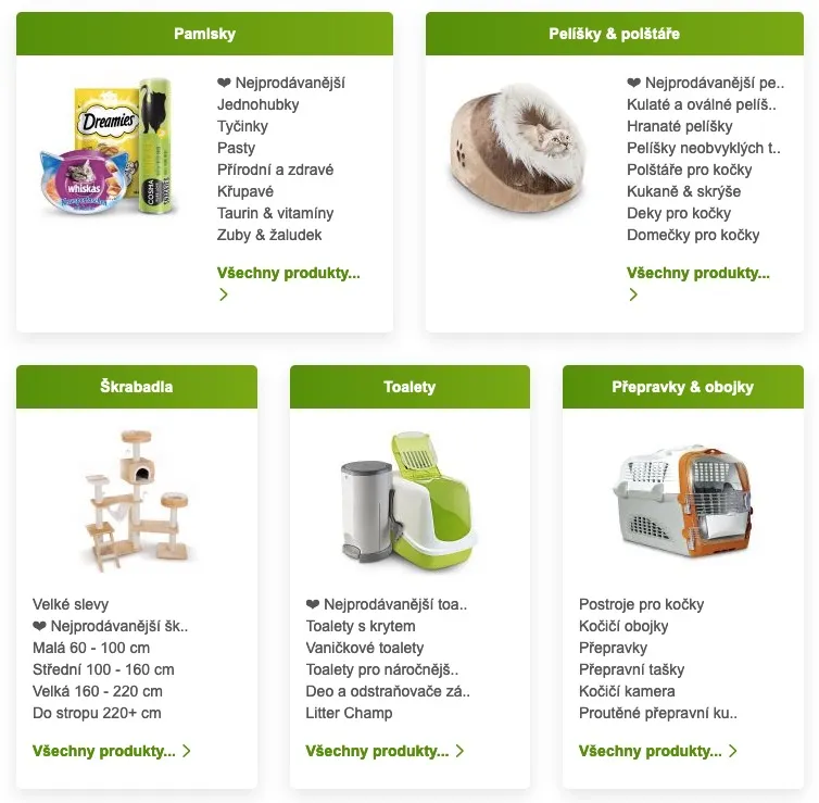 Sekce pro kočky na e-shopu Zoohit s kapsičkami a konzervami