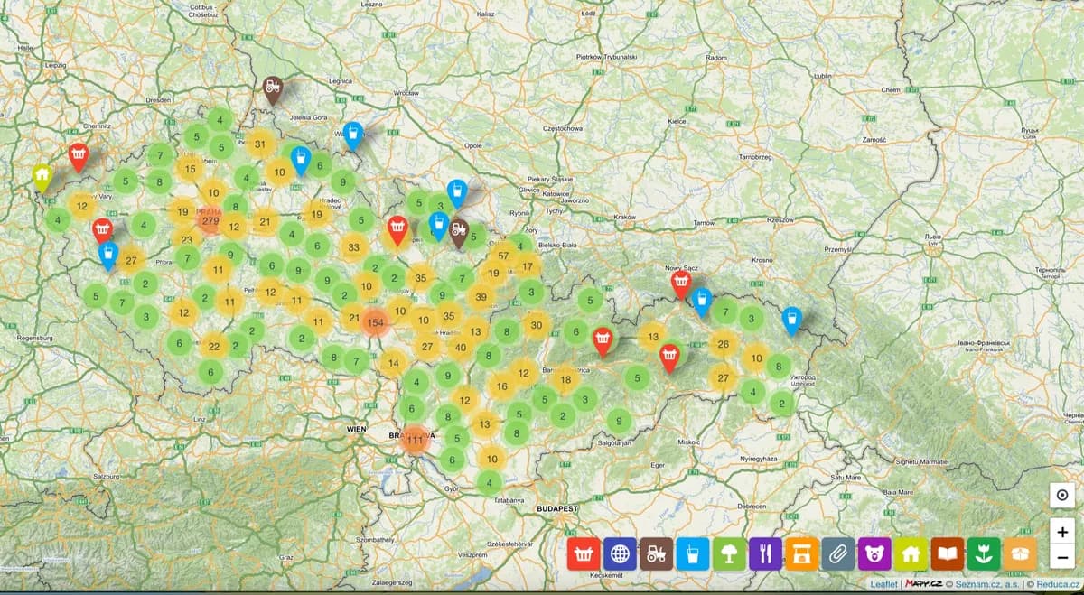 Detail mapy Reduca s vyznačenými bezobalovými obchody v okolí