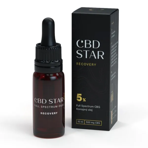 CBD Star CBG olej RECOVERY full spectrum s lahvičkou a krabičkou