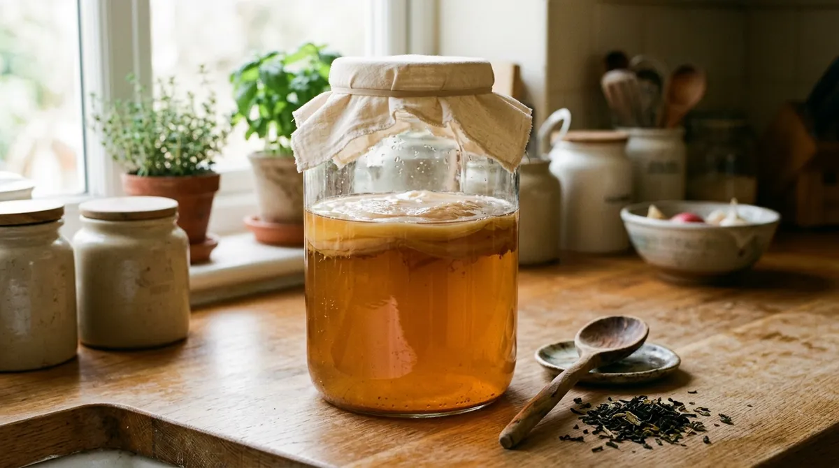 Sklenice s kombuchou a SCOBY kulturou při domácí fermentaci