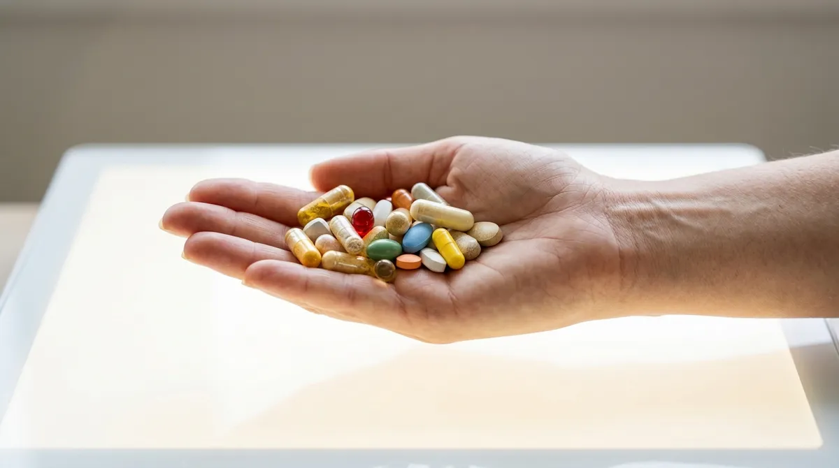 Kapsle a tablety vitamínů v otevřené dlani nad světlým stolem