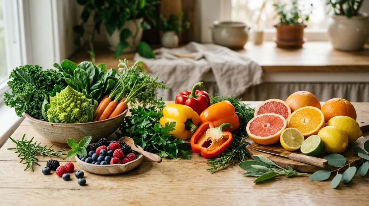 Pestrá nabídka barevného ovoce a zeleniny jako přírodní zdroj vitamínů